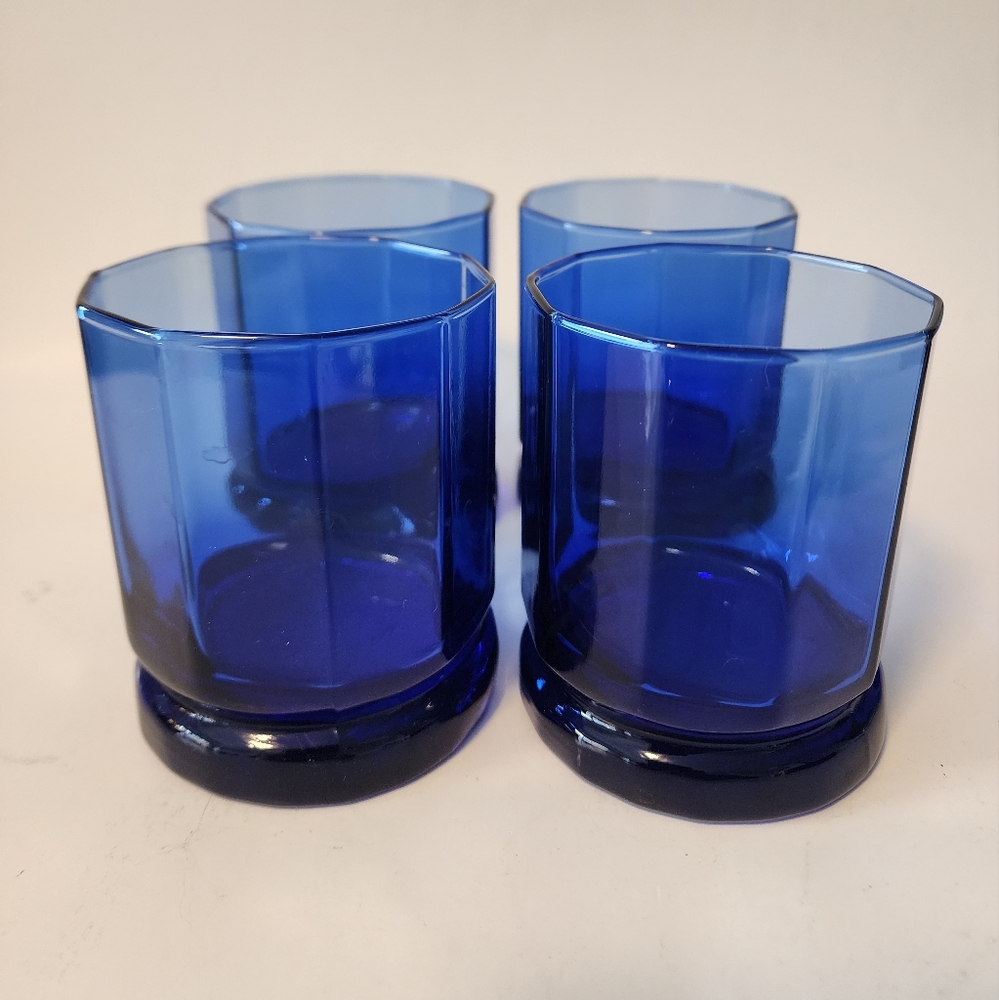 Vintage 4 Cobalt Blue Essex Multisided Anchor Hocking Glasses Tumblers 10 fl oz
